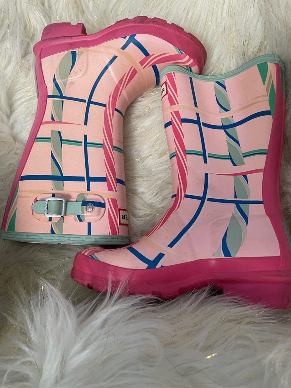 Hunter Pink and Teal Patterned Kids Rain Boots - Picture 13 of 13